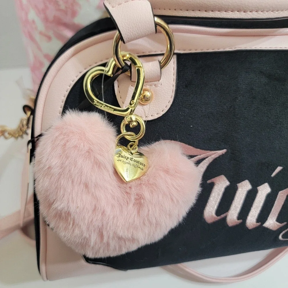 Juicy Couture Urban Heritage Bowler Bag VELOUR With Heart POM Bag Charm & WALLET